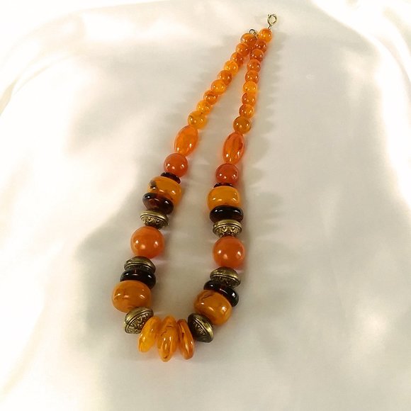 Amber Multi-tone Chunky Bead Necklace with Gold Tone Spring Ring Clasp -- 24" - Picture 2 of 8